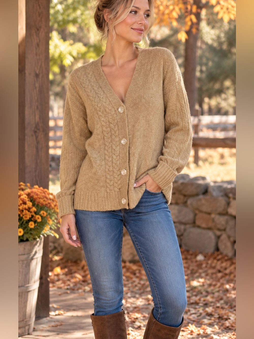 Cabi Tan Cable Knit Button Front Cardigan Sweater Size Medium Cozy Fall